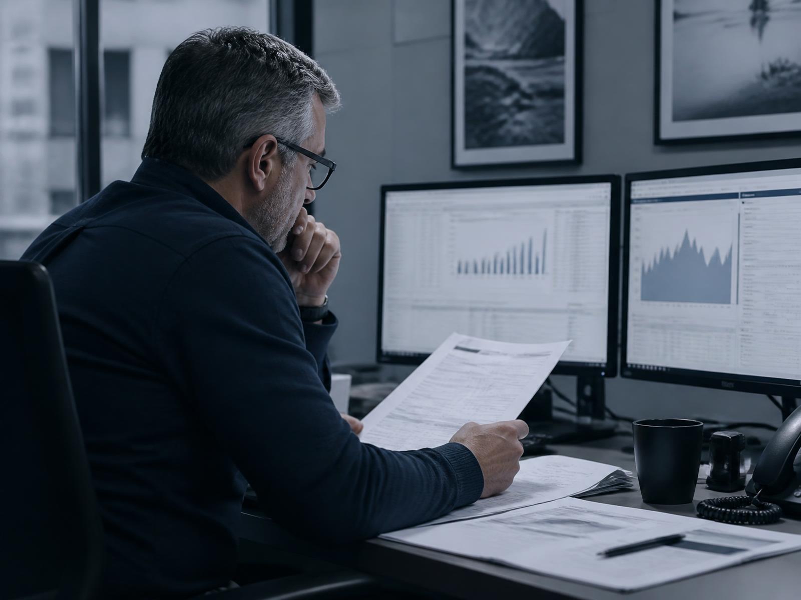A manager reviewing written documentation and dashboards on two monitors