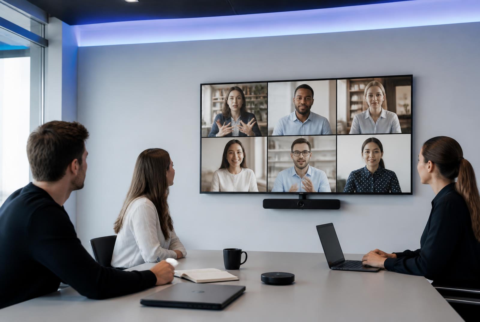 A hybrid team on a video call with remote colleagues on a wall display